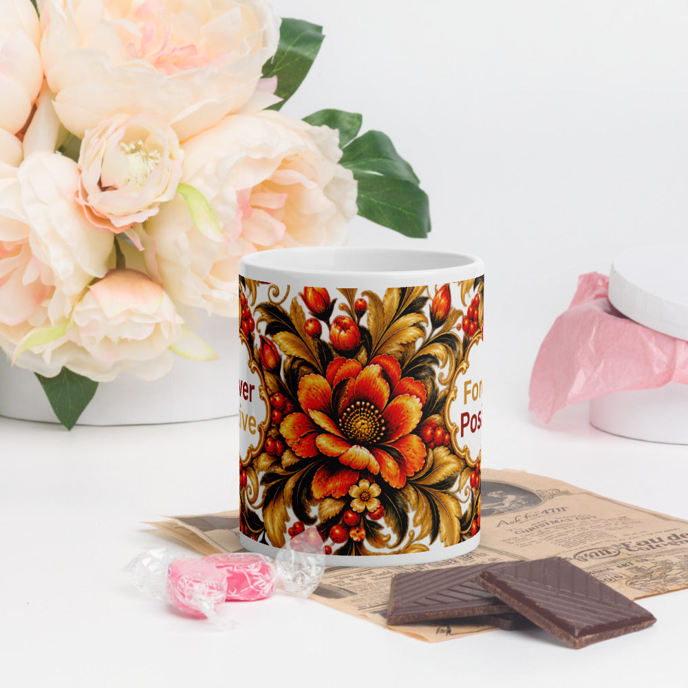Forever Positive Mug | Orange-Gold Floral Designer Cup