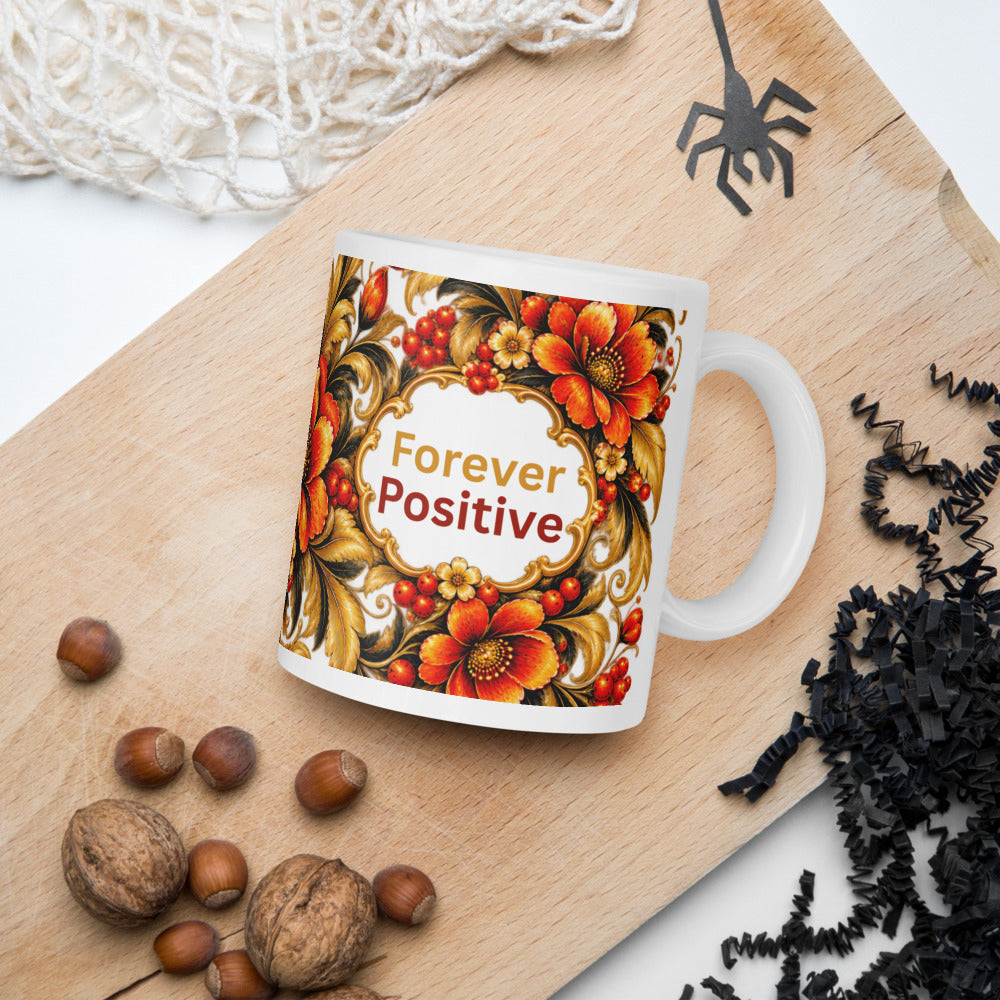 Forever Positive Mug | Orange-Gold Floral Designer Cup
