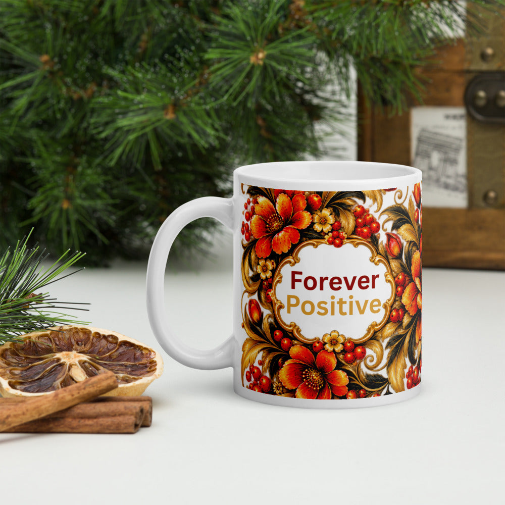 Forever Positive Mug | Orange-Gold Floral Designer Cup