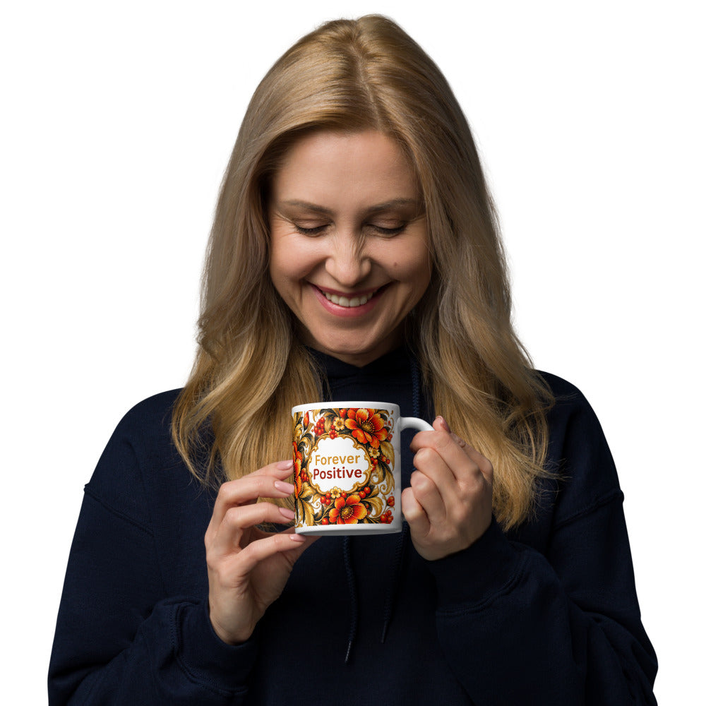 Forever Positive Mug | Orange-Gold Floral Designer Cup