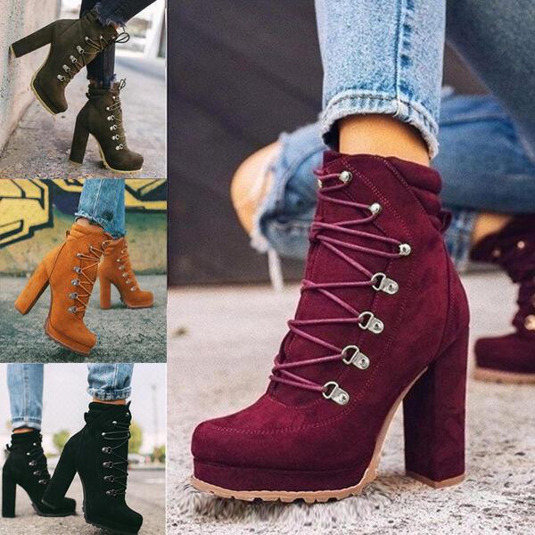 Women Round Toe Lace Up High Heels Mid Calf Boots - Alartis