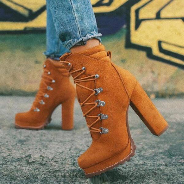 Women Round Toe Lace Up High Heels Mid Calf Boots - Alartis