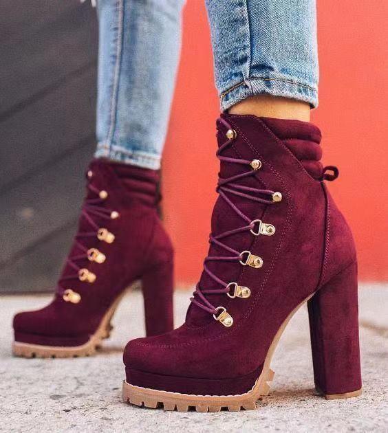 Women Round Toe Lace Up High Heels Mid Calf Boots - Alartis