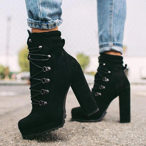 Women Round Toe Lace Up High Heels Mid Calf Boots - Alartis