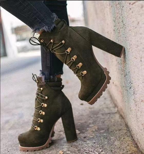 Women Round Toe Lace Up High Heels Mid Calf Boots - Alartis