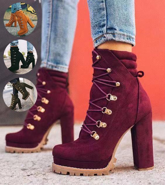 Women Round Toe Lace Up High Heels Mid Calf Boots - Alartis