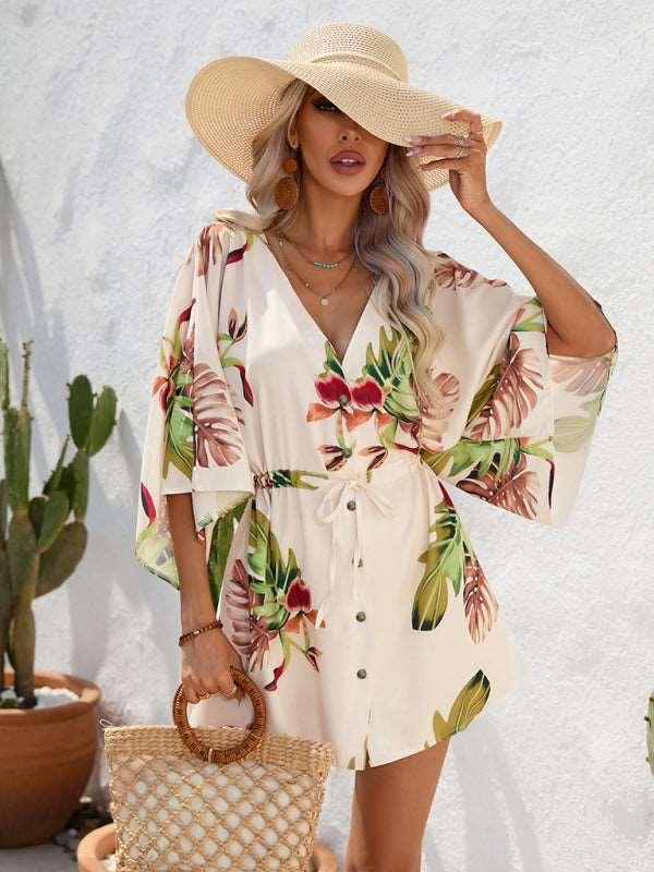 Women's Beach Dolman Half Sleeve V-neck Floral Print Adjustable Dress - Alartis