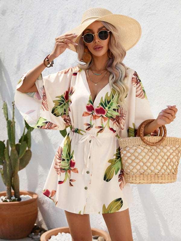 Women's Beach Dolman Half Sleeve V-neck Floral Print Adjustable Dress - Alartis