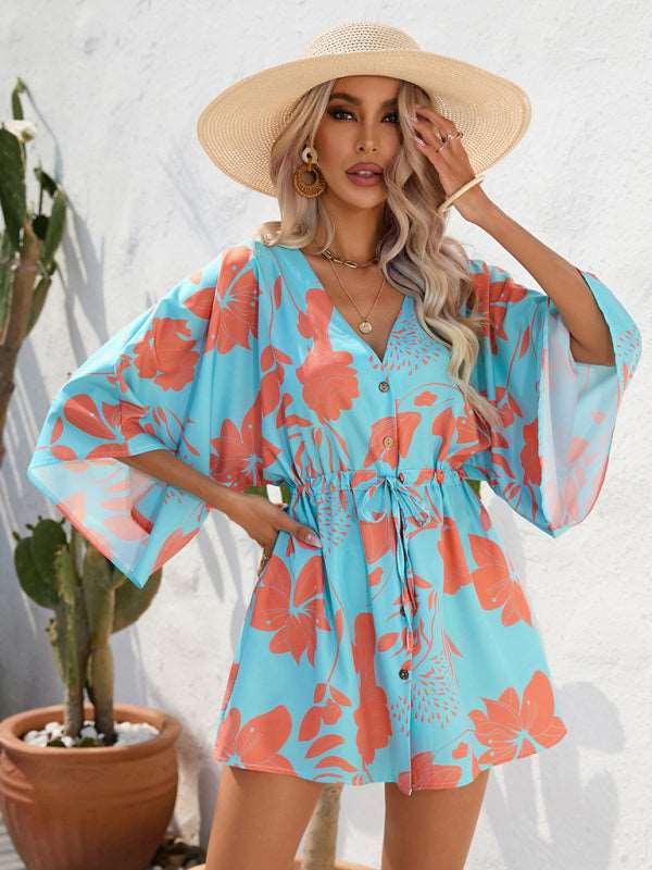 Women's Beach Dolman Half Sleeve V-neck Floral Print Adjustable Dress - Alartis