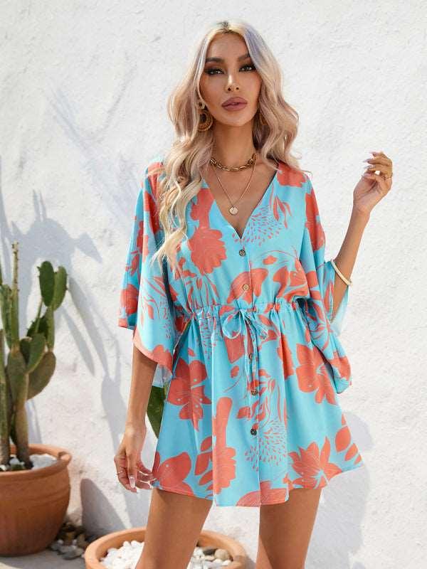 Women's Beach Dolman Half Sleeve V-neck Floral Print Adjustable Dress - Alartis