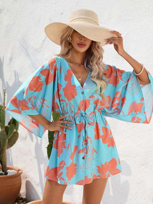 Women's Beach Dolman Half Sleeve V-neck Floral Print Adjustable Dress - Alartis