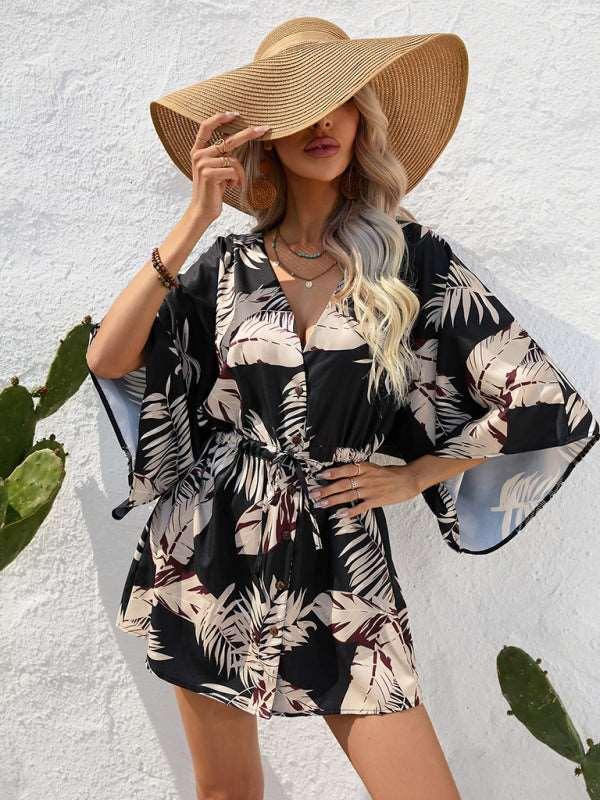 Women's Beach Dolman Half Sleeve V-neck Floral Print Adjustable Dress - Alartis