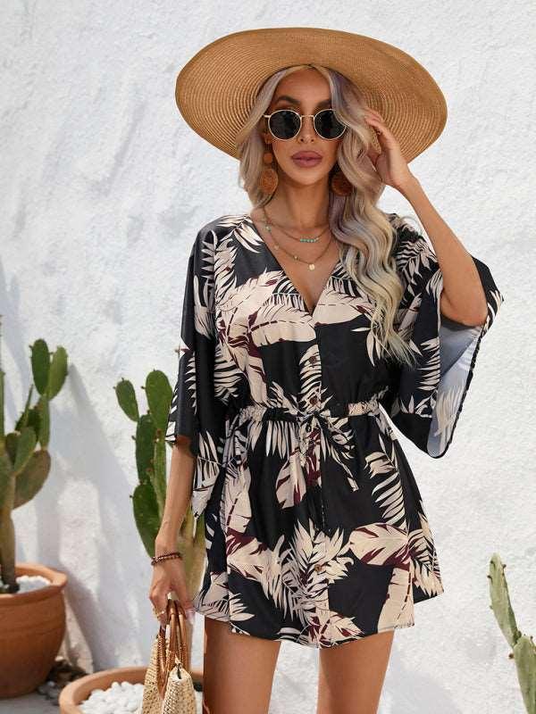 Women's Beach Dolman Half Sleeve V-neck Floral Print Adjustable Dress - Alartis