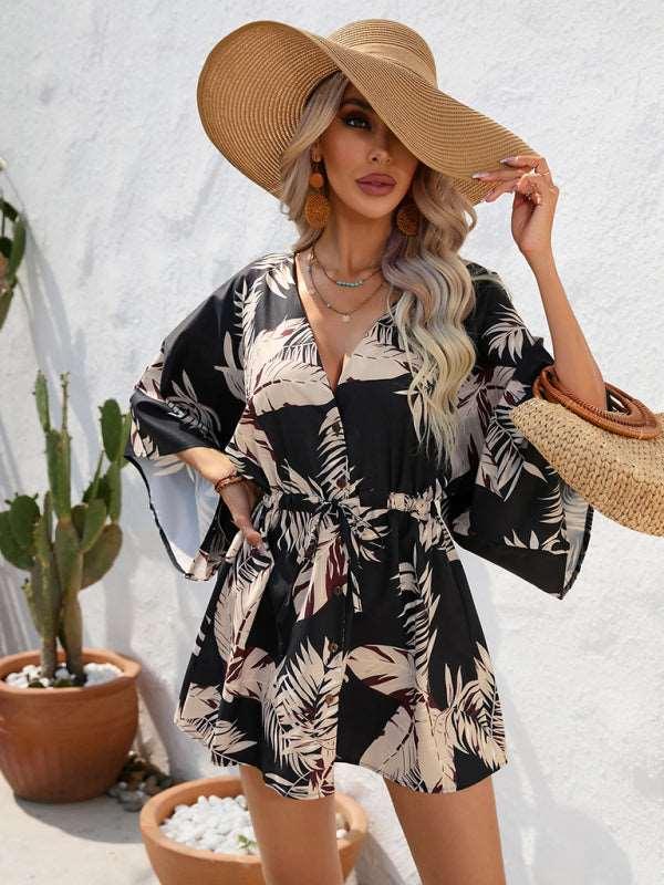 Women's Beach Dolman Half Sleeve V-neck Floral Print Adjustable Dress - Alartis