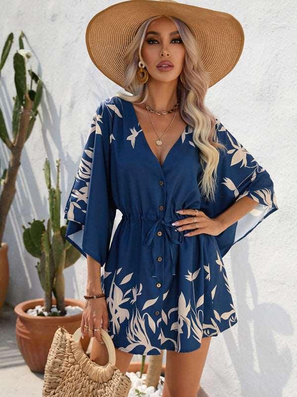 Women's Beach Dolman Half Sleeve V-neck Floral Print Adjustable Dress - Alartis