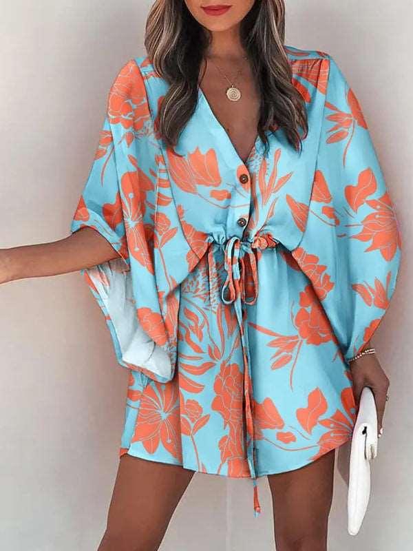 Women's Beach Dolman Half Sleeve V-neck Floral Print Adjustable Dress - Alartis