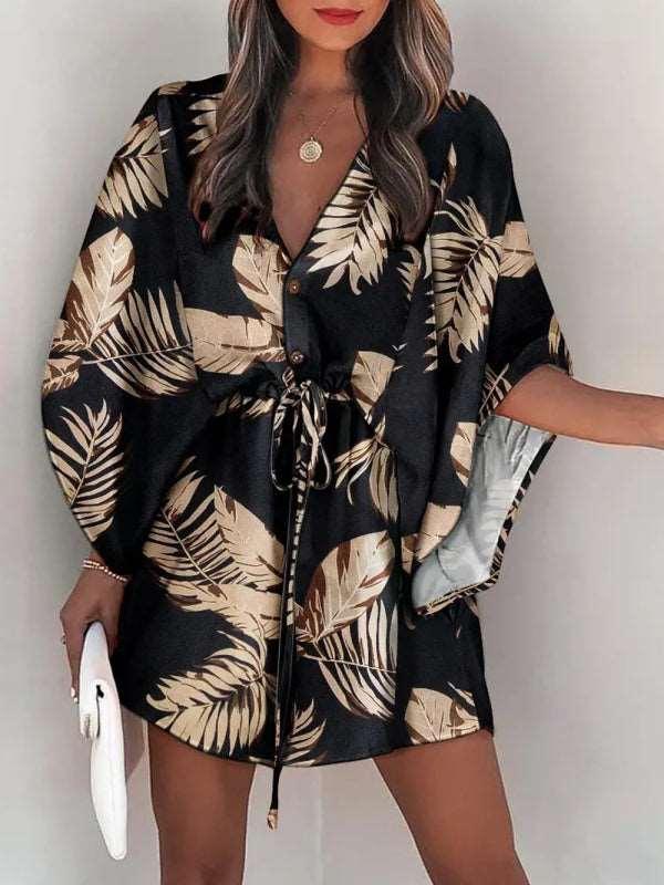 Women's Beach Dolman Half Sleeve V-neck Floral Print Adjustable Dress - Alartis