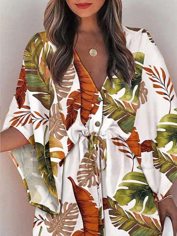 Women's Beach Dolman Half Sleeve V-neck Floral Print Adjustable Dress - Alartis