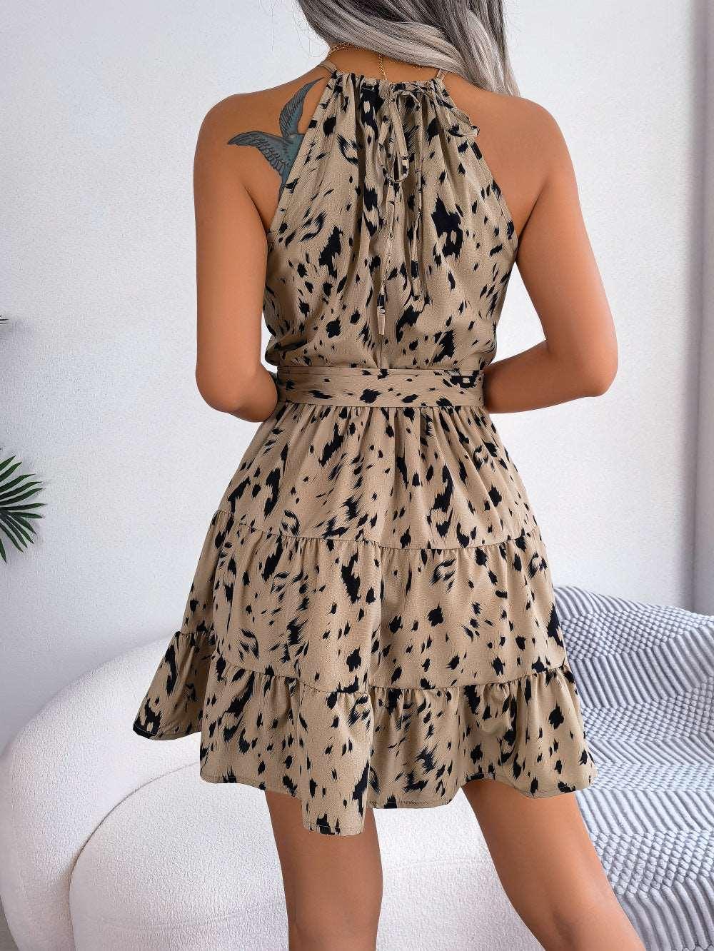 Women's Casual Leopard Print Ruffled Swing Beach Dress - Alartis