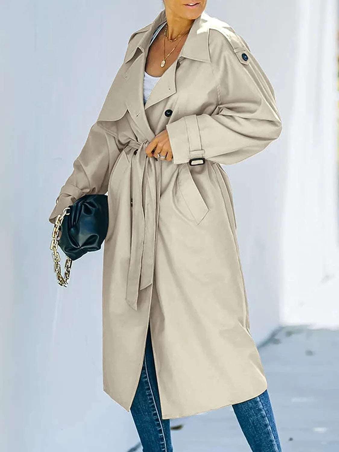 Women's Classic Long Sleeve Windproof Overcoat With Belt - Alartis