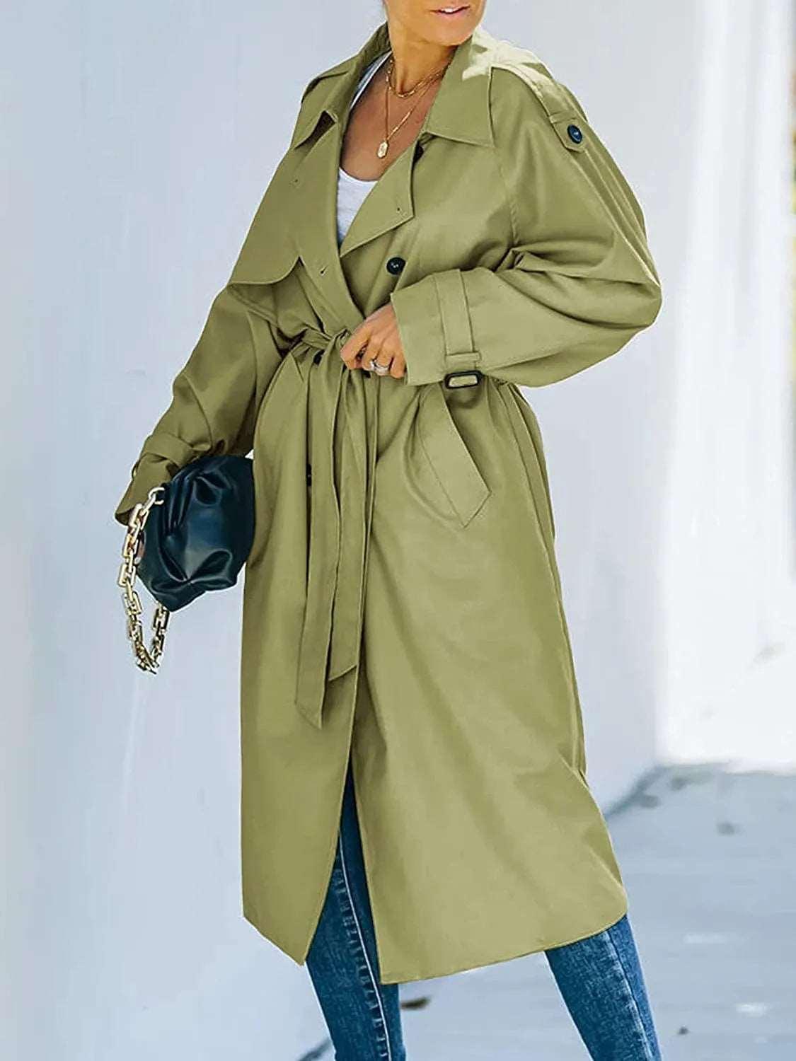 Women's Classic Long Sleeve Windproof Overcoat With Belt - Alartis