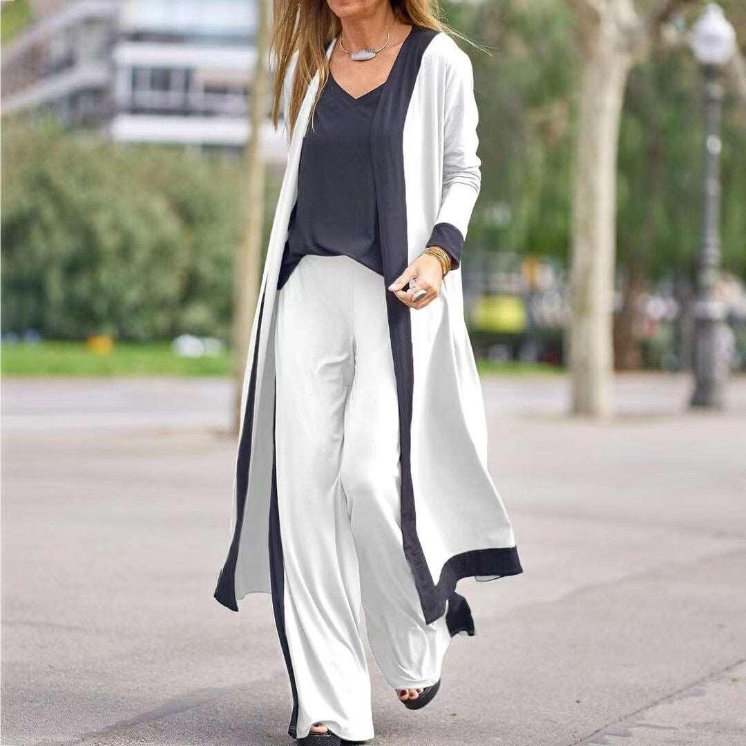 Women's Color Sleeveless Vest and Long Sleeve Cardigan Jacket + Long Pants 3 Piece Set - Alartis