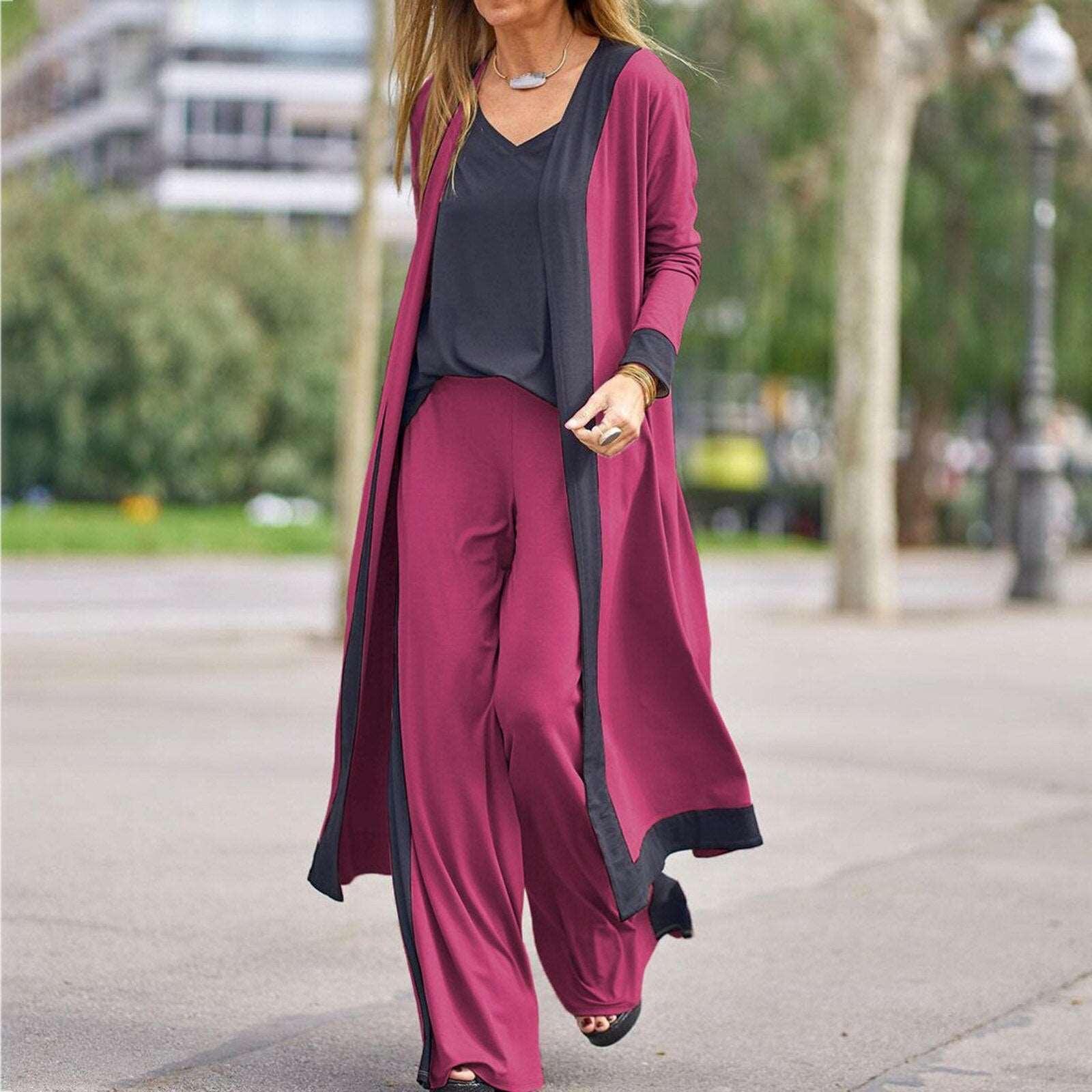 Women's Color Sleeveless Vest and Long Sleeve Cardigan Jacket + Long Pants 3 Piece Set - Alartis