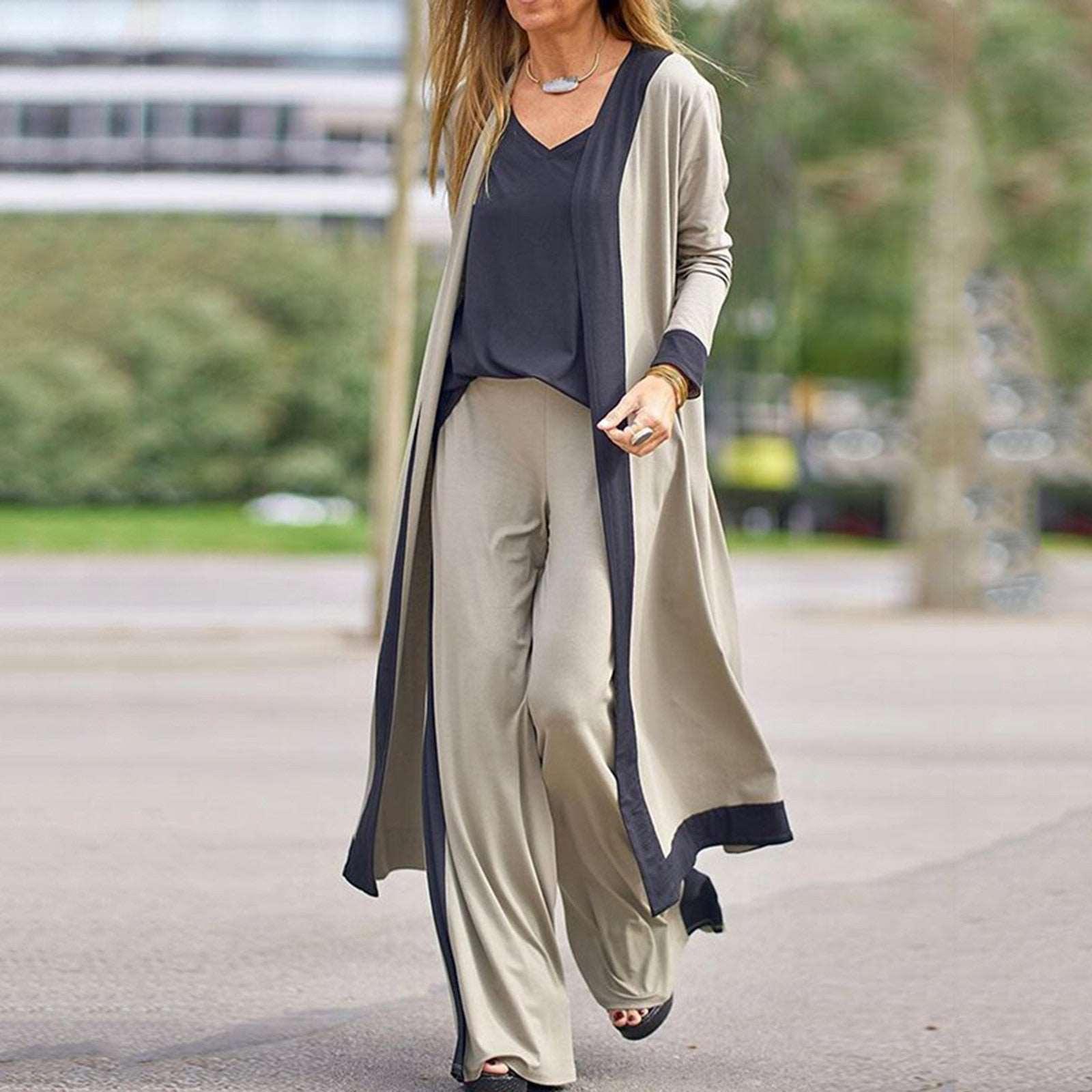 Women's Color Sleeveless Vest and Long Sleeve Cardigan Jacket + Long Pants 3 Piece Set - Alartis