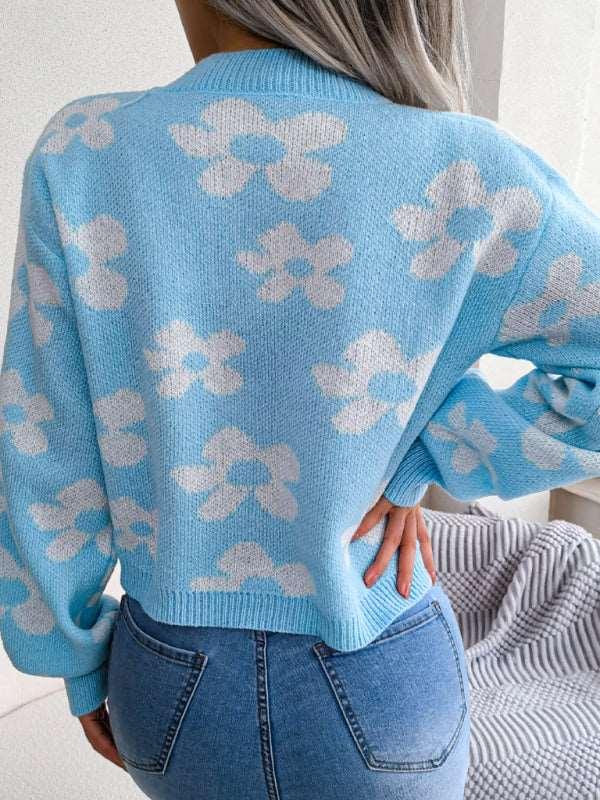 Women's Contrast Color Flower Pattern Long Sleeves Cardigan Sweater - Alartis