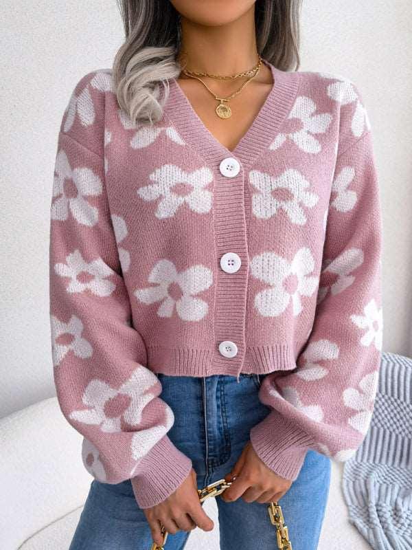 Women's Contrast Color Flower Pattern Long Sleeves Cardigan Sweater - Alartis