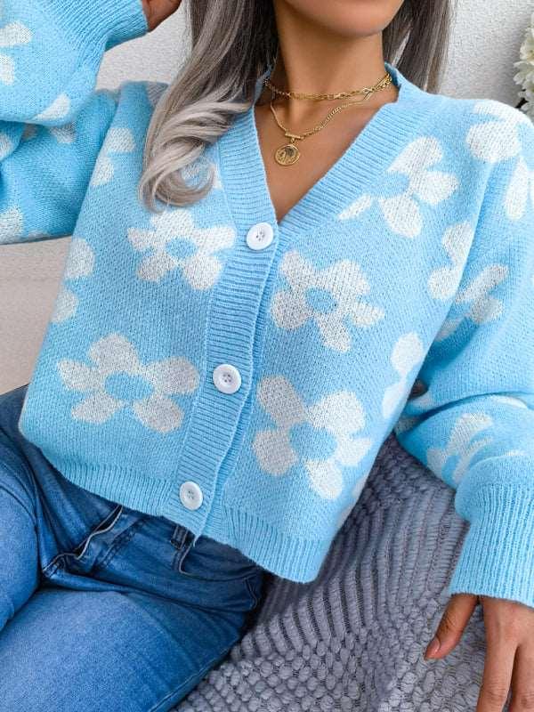 Women's Contrast Color Flower Pattern Long Sleeves Cardigan Sweater - Alartis