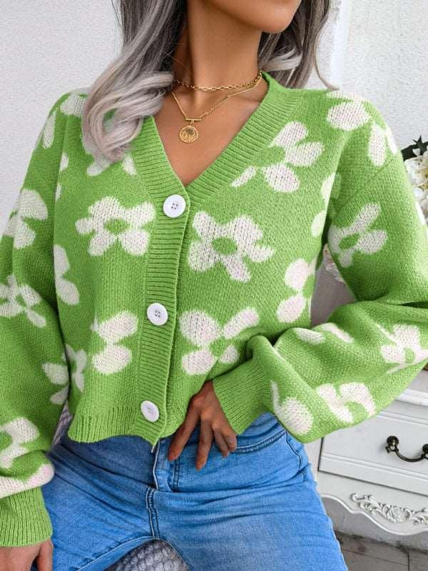 Women's Contrast Color Flower Pattern Long Sleeves Cardigan Sweater - Alartis