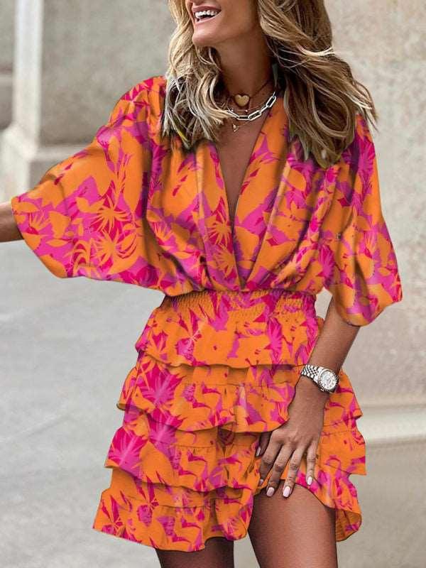 Women's Dolman Sleeve V-neck Print Irregular Hem Dress - Alartis