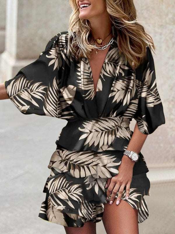 Women's Dolman Sleeve V-neck Print Irregular Hem Dress - Alartis