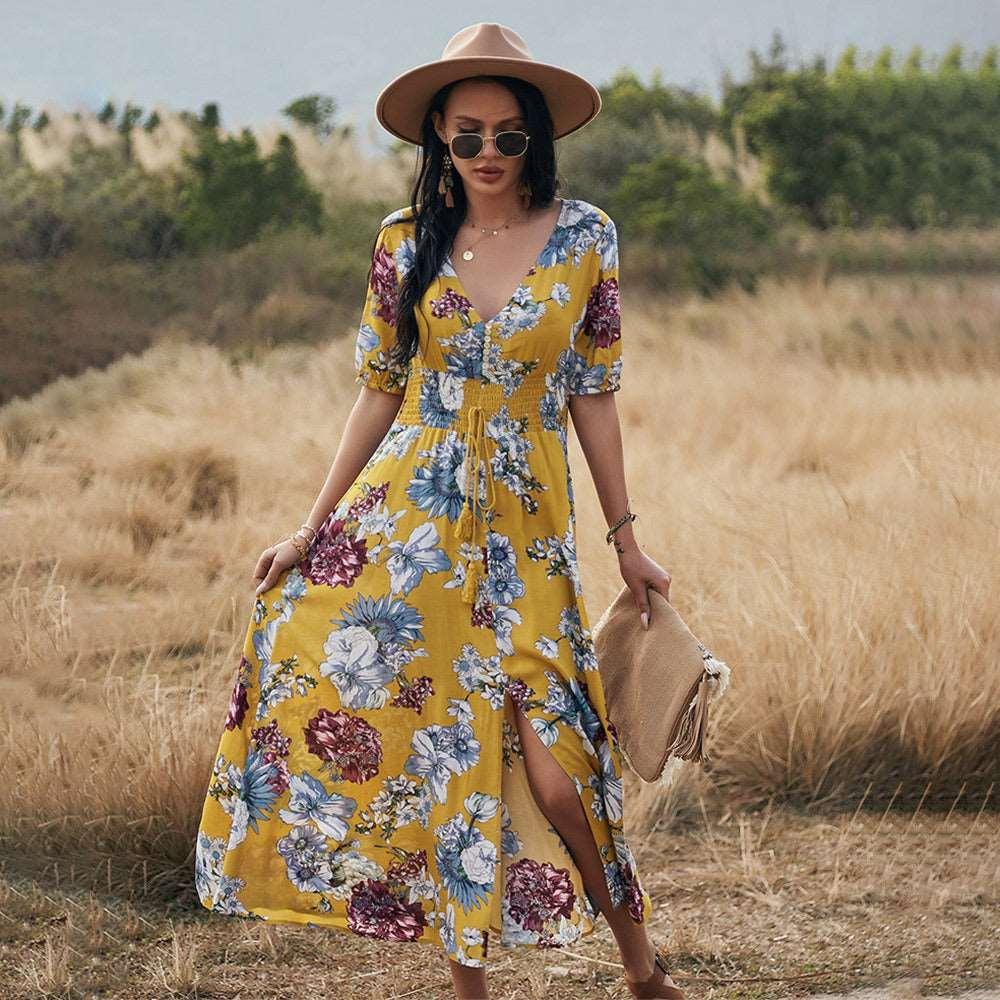 Women's Floral Summer Beach Dress With V Neck Elastic Waist - Alartis