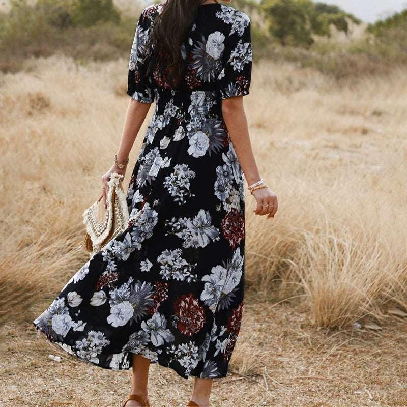 Women's Floral Summer Beach Dress With V Neck Elastic Waist - Alartis