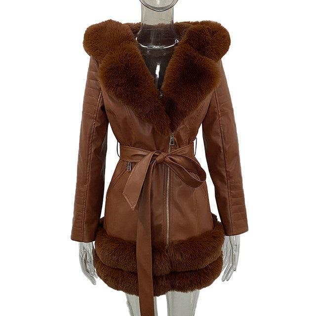 Women's Fur Collar Leather Jacket - Alartis