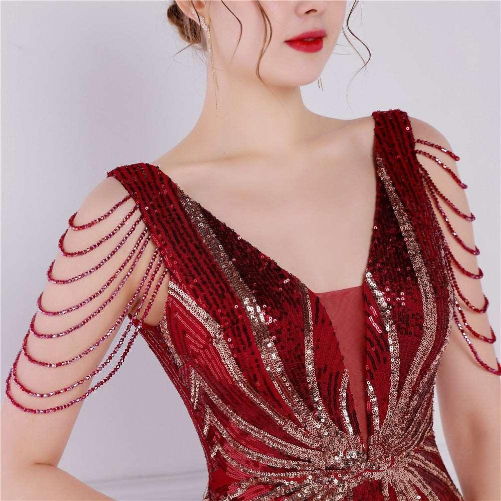 Women's Handicraft Bead Banquet Elegant Long Short-sleeved Queen Dress - Alartis