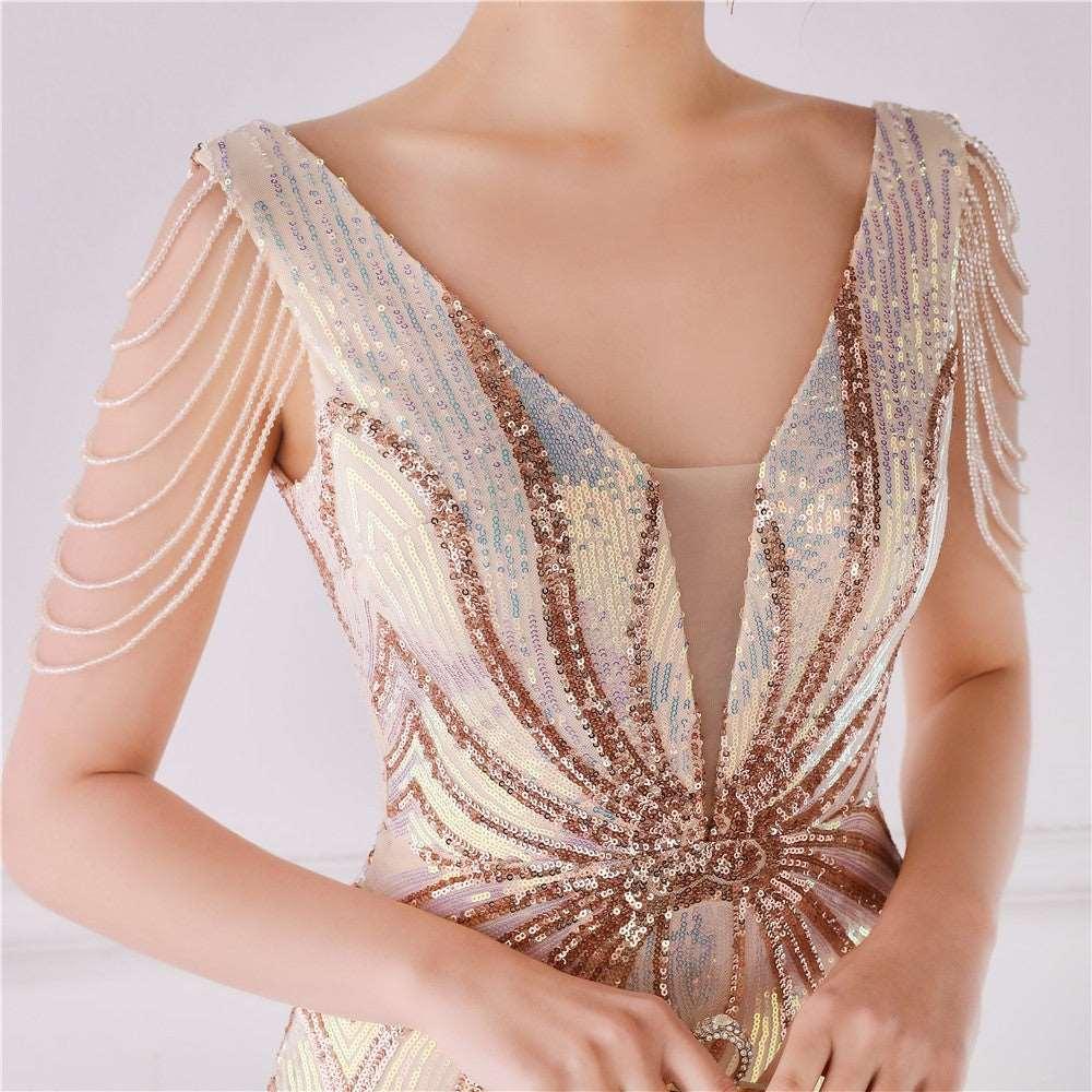 Women's Handicraft Bead Banquet Elegant Long Short-sleeved Queen Dress - Alartis