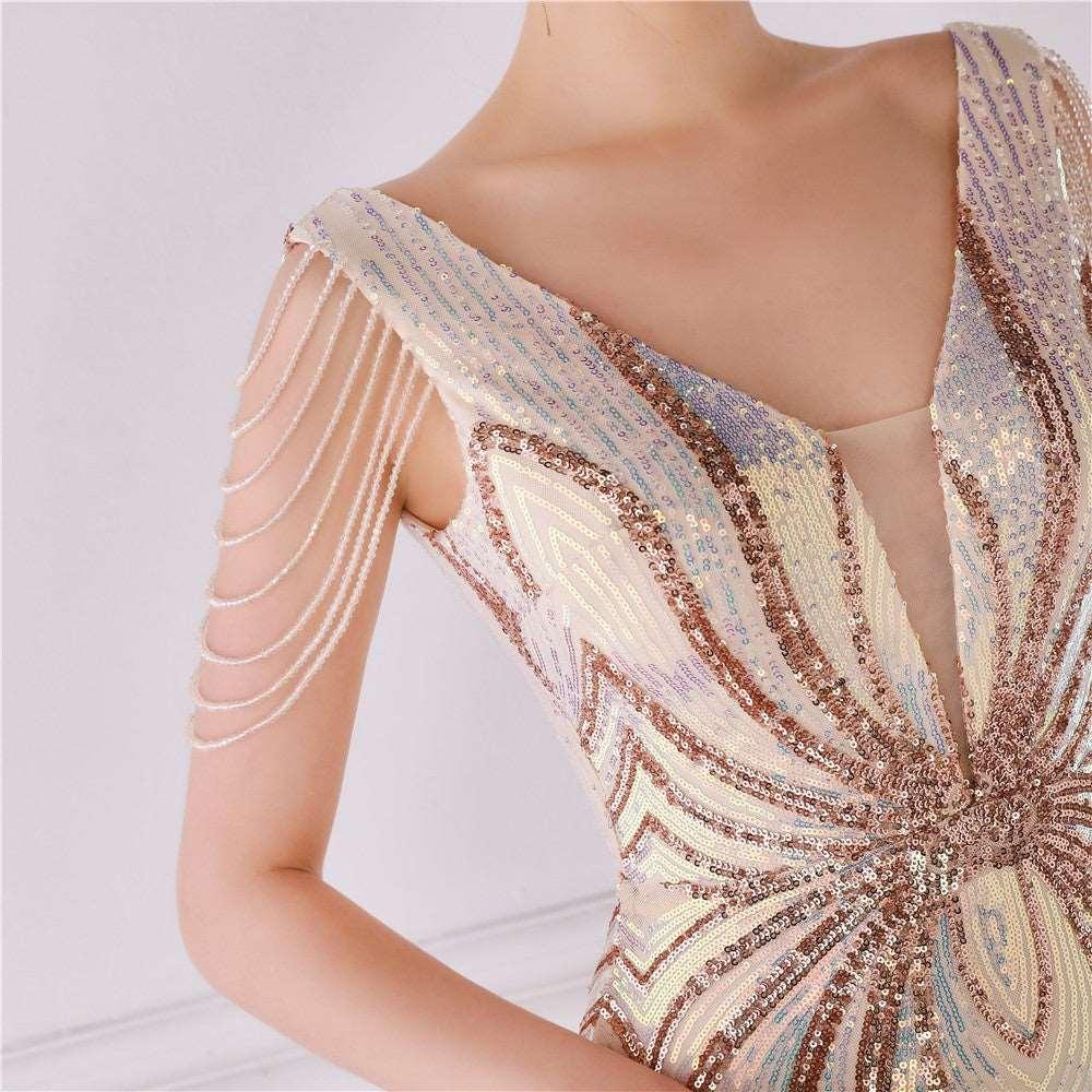 Women's Handicraft Bead Banquet Elegant Long Short-sleeved Queen Dress - Alartis