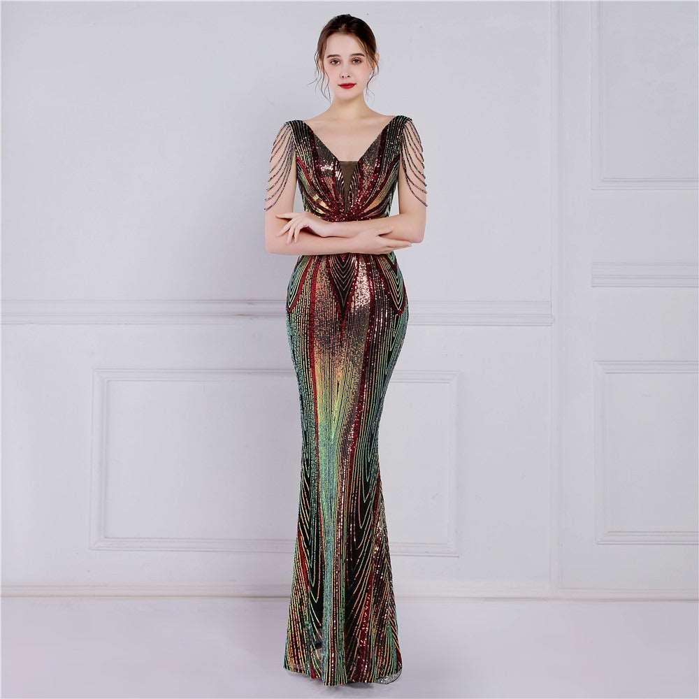 Women's Handicraft Bead Banquet Elegant Long Short-sleeved Queen Dress - Alartis