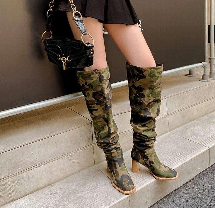 Women's High Heels Round Toe Knee Boots, Vintage Army Green Stretch Boots - Alartis