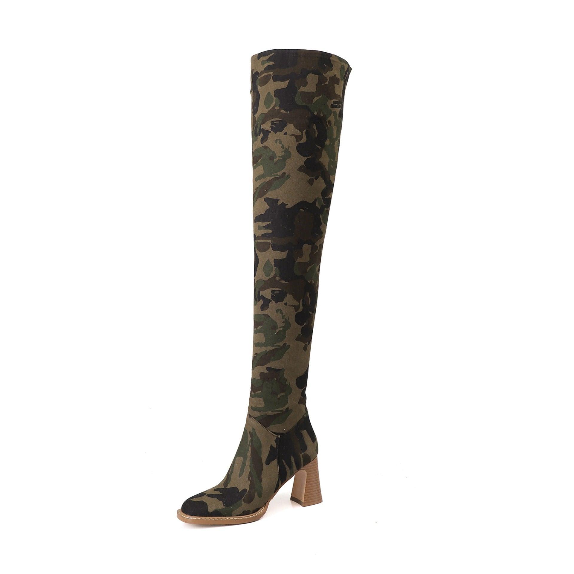 Women's High Heels Round Toe Knee Boots, Vintage Army Green Stretch Boots - Alartis