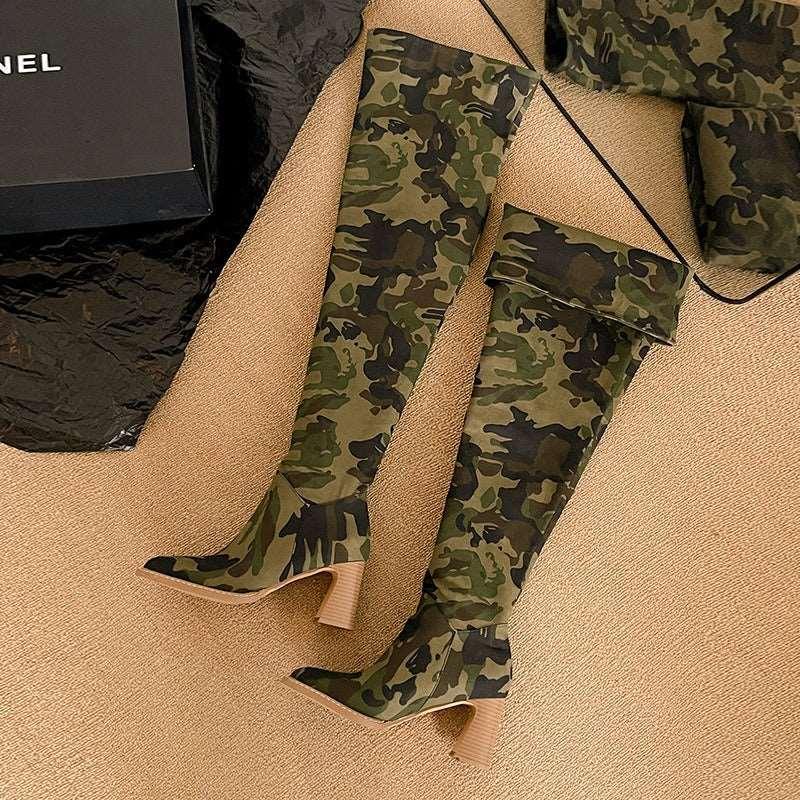 Women's High Heels Round Toe Knee Boots, Vintage Army Green Stretch Boots - Alartis