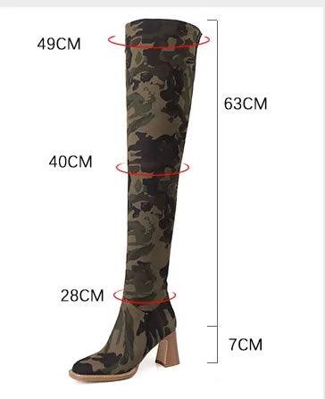 Women's High Heels Round Toe Knee Boots, Vintage Army Green Stretch Boots - Alartis