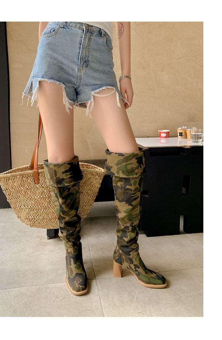 Women's High Heels Round Toe Knee Boots, Vintage Army Green Stretch Boots - Alartis