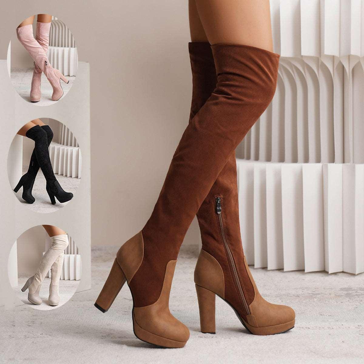 Women's Long High Square Heel Over-the-knee Elastic Suede Boots - Alartis