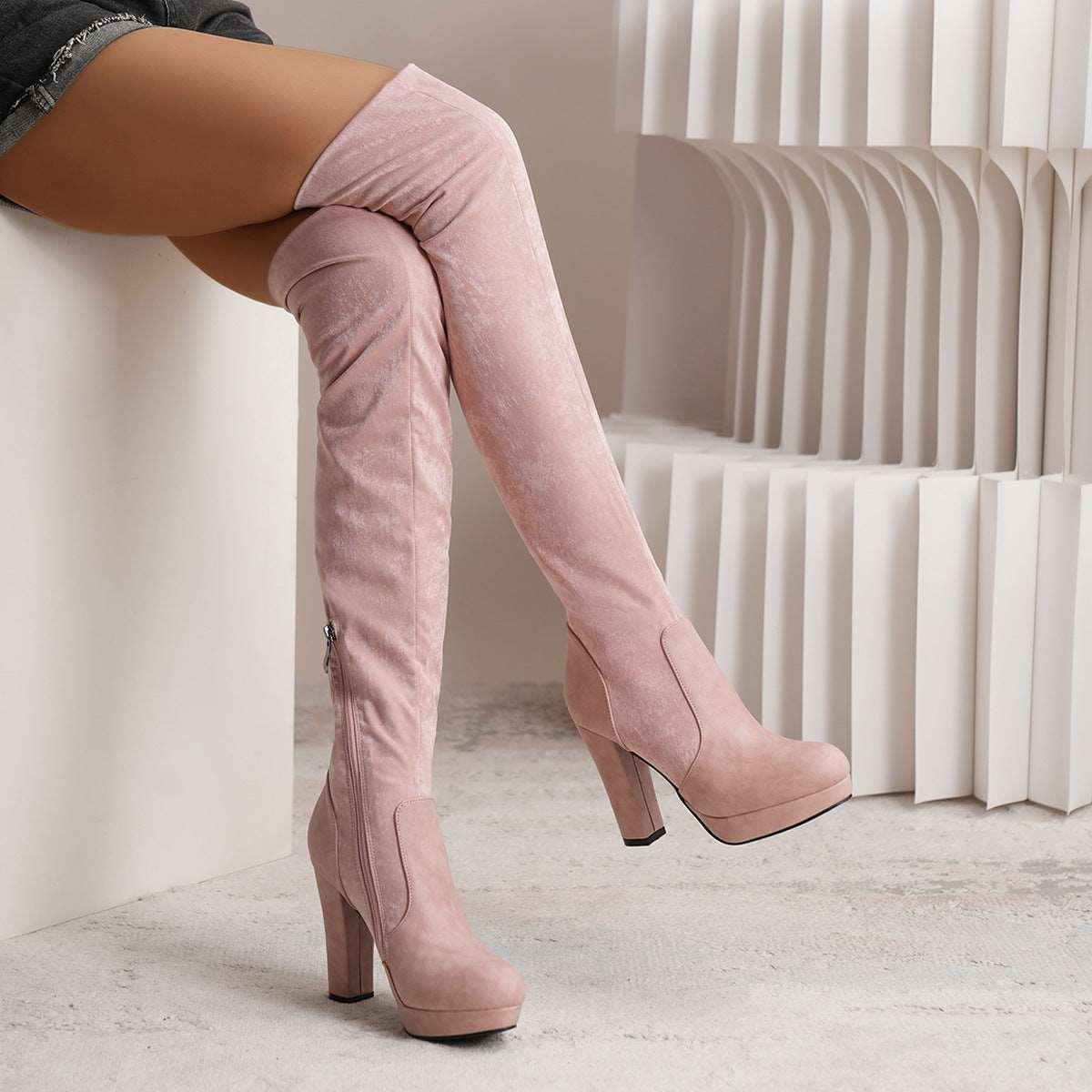 Women's Long High Square Heel Over-the-knee Elastic Suede Boots - Alartis