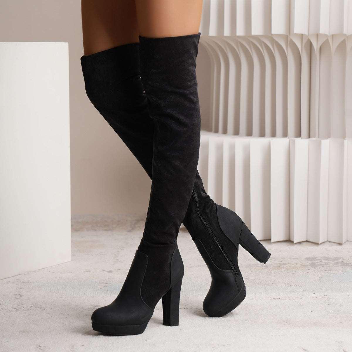 Women's Long High Square Heel Over-the-knee Elastic Suede Boots - Alartis