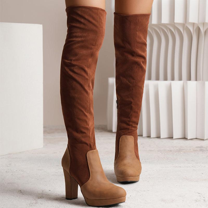 Women's Long High Square Heel Over-the-knee Elastic Suede Boots - Alartis